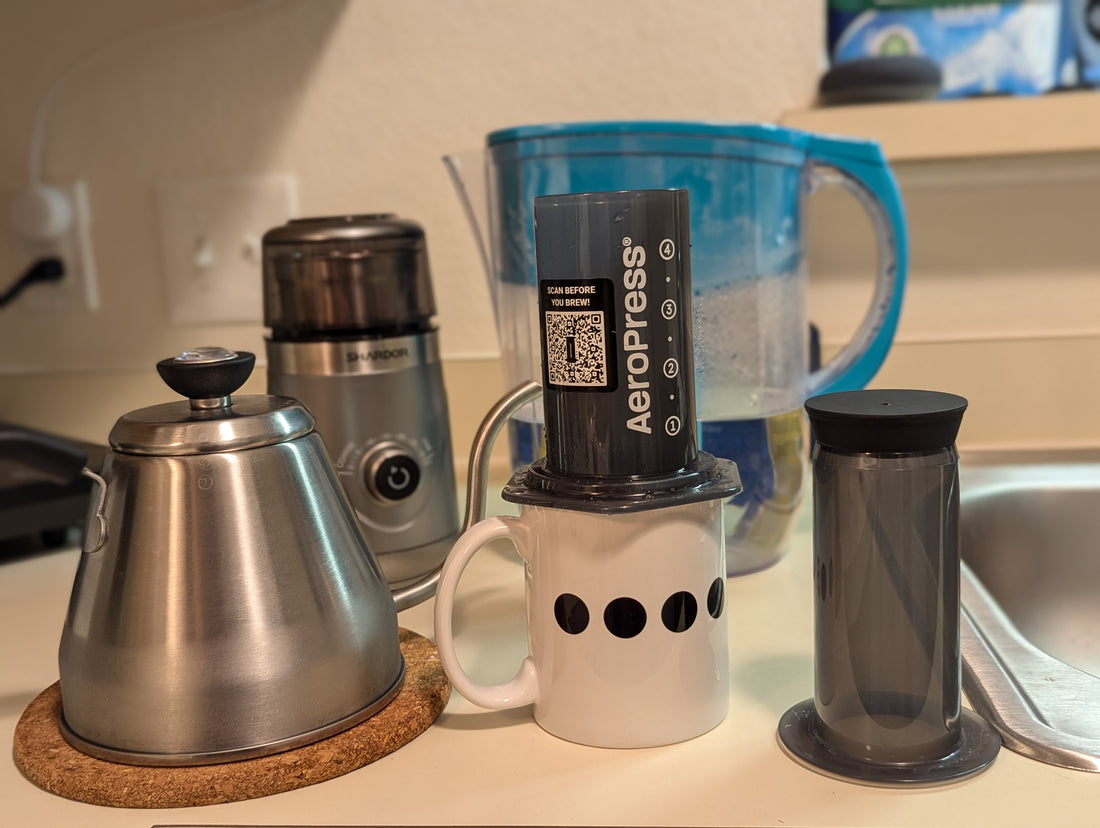 Image showing A.Ron's kettle, grinder, filter, and brewing system